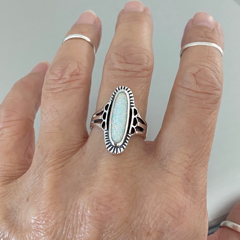😍TOP SELLER😍 Silver Etched White Lab Opal Ring, Statement Ring, Silver Rings - Picture 1 of 8